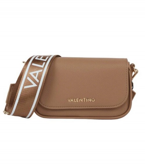 Vista frontal del bolso Valentino Miramar VBS7UE02G en beige con correa ajustable.