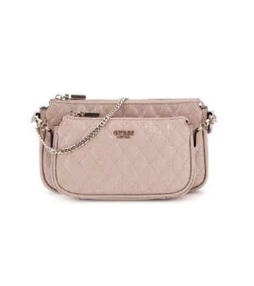 Vista frontal del bolso Guess Yarmilla Double Pouch Crossbody en marrón viejo.