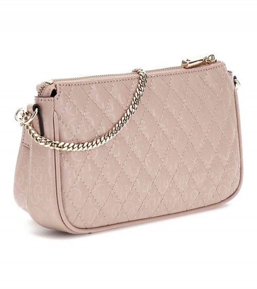 Vista frontal del bolso Guess Yarmilla Double Pouch Crossbody en marrón viejo.