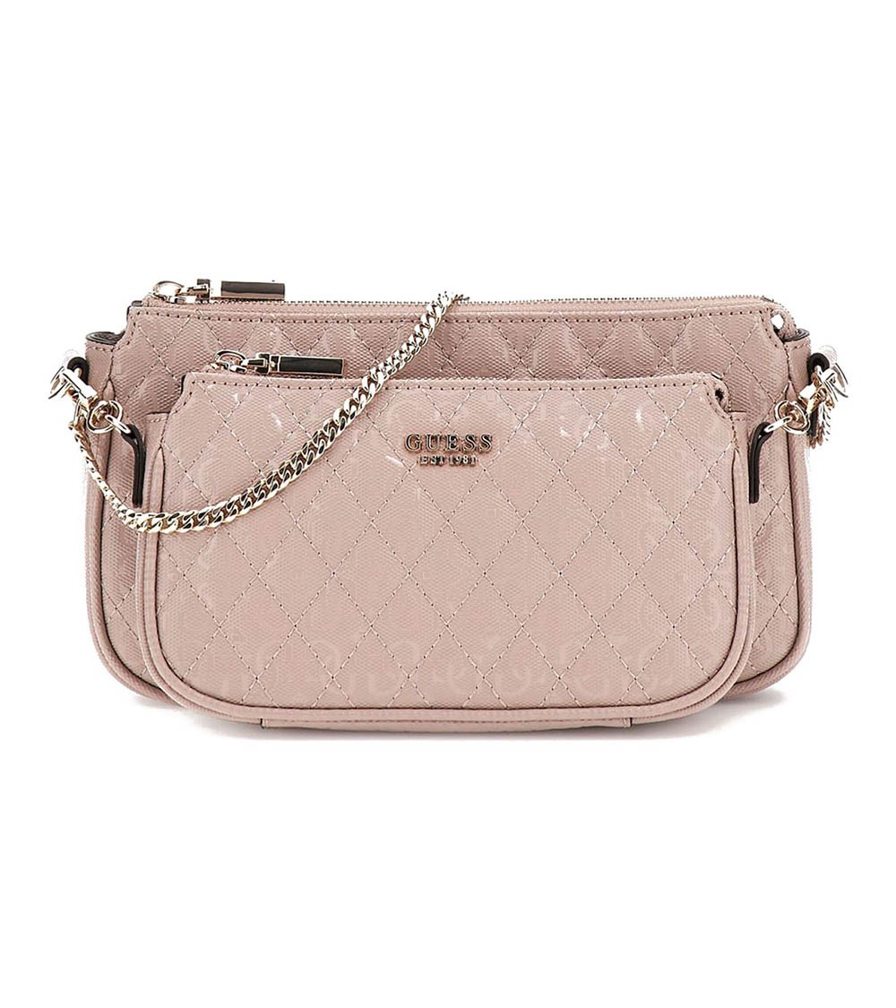 Vista frontal del bolso Guess Yarmilla Double Pouch Crossbody en marrón viejo.