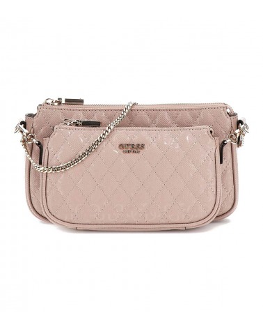 Vista frontal del bolso Guess Yarmilla Double Pouch Crossbody en marrón viejo.