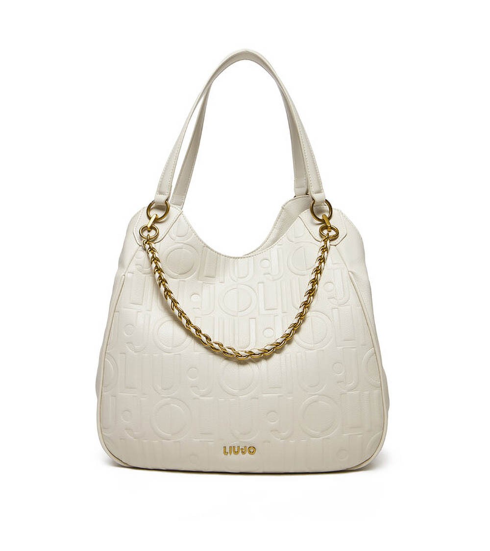 Vista frontal del bolso Liu Jo Ecs L Satchel en blanco con detalles dorados.