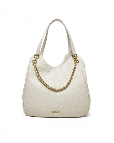 Vista frontal del bolso Liu Jo Ecs L Satchel en blanco con detalles dorados.