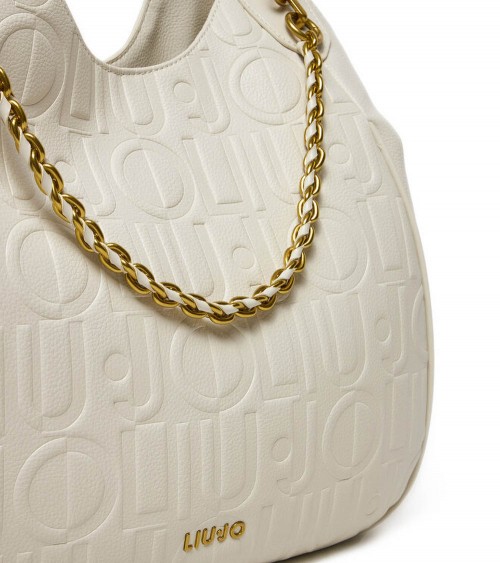 Vista frontal del bolso Liu Jo Ecs L Satchel en blanco con detalles dorados.