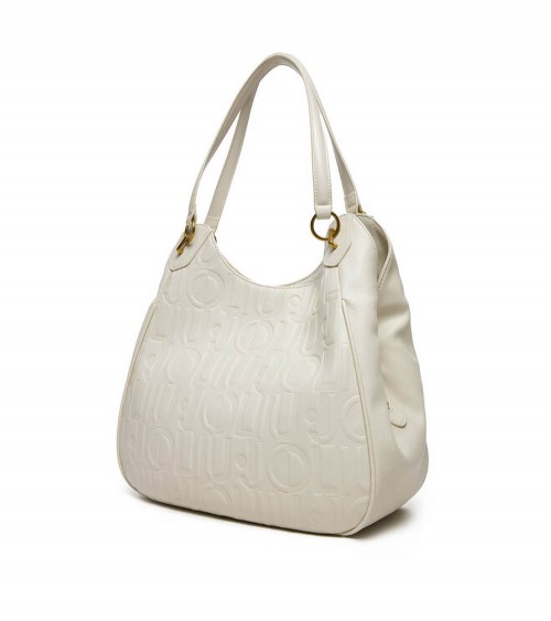 Vista frontal del bolso Liu Jo Ecs L Satchel en blanco con detalles dorados.