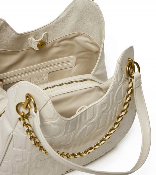 Vista frontal del bolso Liu Jo Ecs L Satchel en blanco con detalles dorados.